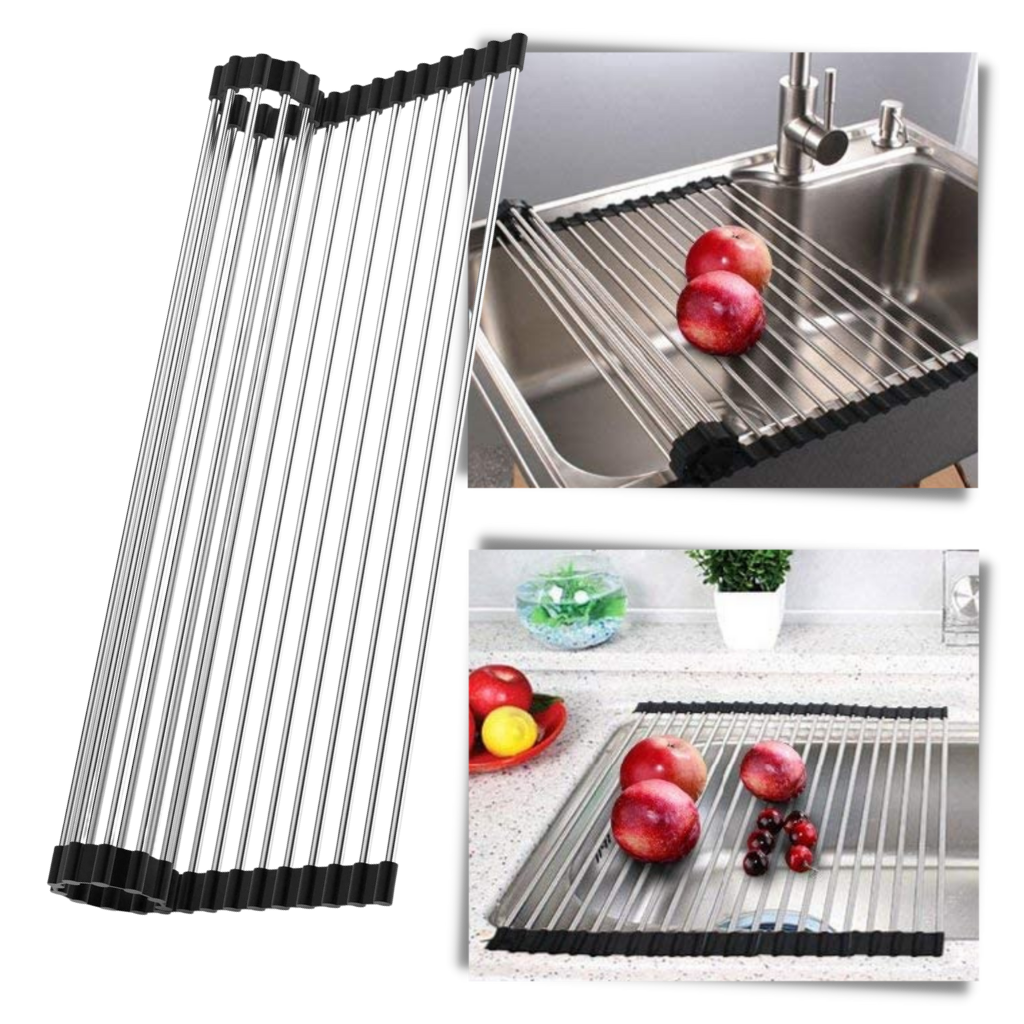 Roll-up stainless steel drainer for dishes and food